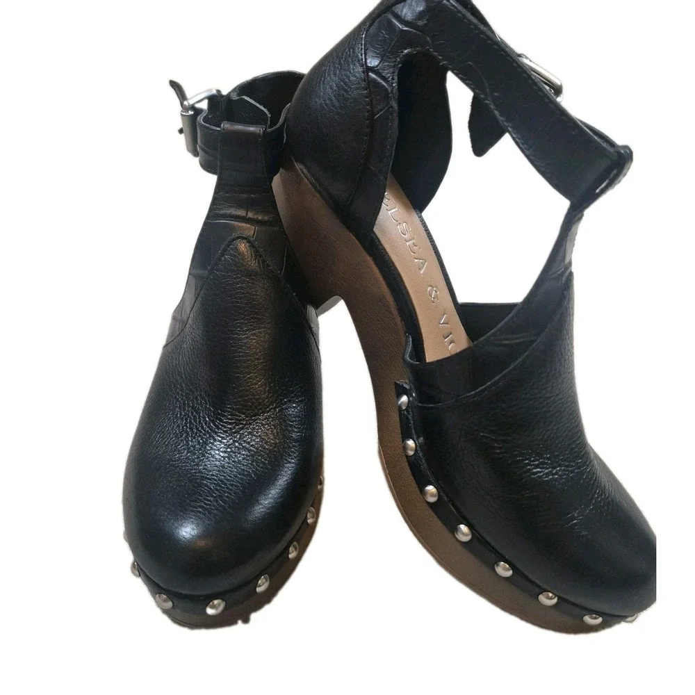 Chelsea & Violet Black Leather Heeled Clogs Studded Ankle Strap Shoes Size